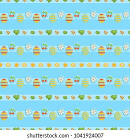 Vector seamless pattern, festive Eastern design. Cute horizontal garlands, Eastern eggs and grass on blue ribbon. Punchy pastel colors, blue, green, pink. Perfect for Easter, kitchen design