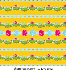 Vector seamless pattern, festive Eastern design. Cute horizontal garlands, Eastern eggs and grass on blue ribbon. Flat simple minimalistic style. Perfect for Easter, kitchen design. Abstract 