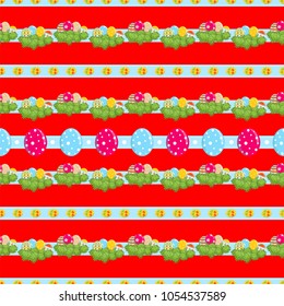 Vector seamless pattern, festive Eastern design. Cute horizontal ribbons, Eastern eggs and grass on magenta red background. Punchy pastel colors. Perfect for Easter, kitchen design