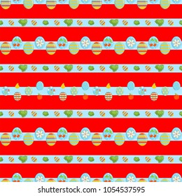 Vector seamless pattern, festive Eastern design. Cute horizontal ribbons, Eastern eggs and grass on magenta red background. Punchy pastel colors. Perfect for Easter, kitchen design