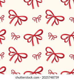 Vector seamless pattern with festive red ribbons tied in a bow. Christmas decoration or wrapping paper.
