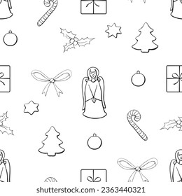Vector seamless pattern of festive symbols - figures of Christmas trees, singing angels, candy canes, stars, xmas balls in doodle style. Xmas background and texture