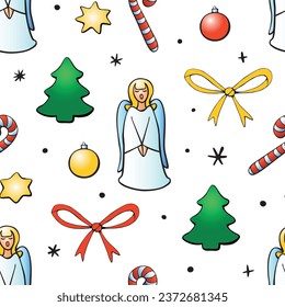 Vector seamless pattern of festive symbols - figures of Christmas trees, singing angels, candy canes, stars, xmas balls in doodle flat style. Bright xmas background and texture