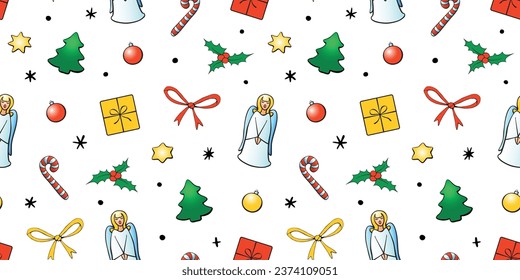 Vector seamless pattern of festive symbols - figures of Christmas trees, singing angels, candy canes, stars, xmas balls in doodle flat style. Bright xmas background and texture