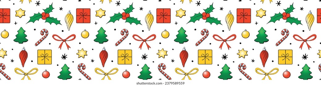 Vector seamless pattern of festive symbols - figures of Christmas trees, holly berries, presents, candy canes, stars in doodle flat style. Bright background and texture on theme New Year, xmas.