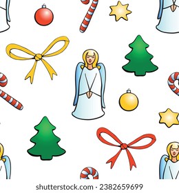 Vector seamless pattern of festive symbols - figures of Christmas trees, singing angels, candy canes, stars in doodle flat style. Bright xmas background and texture
