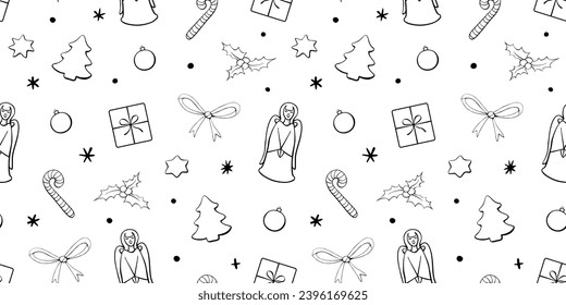 Vector seamless pattern of festive symbols - figures of Christmas trees, singing angels, candy canes, gift boxes in doodle style. Xmas background and texture