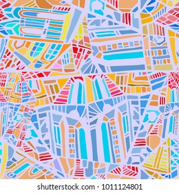 Vector seamless pattern with fictional city roofs and windows. Abstract vintage city background or stained glass pattern. Hand drawn. 