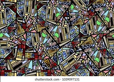 Vector seamless pattern with fictional city roofs and windows. Abstract vintage city background or stained glass pattern. Hand drawn. 