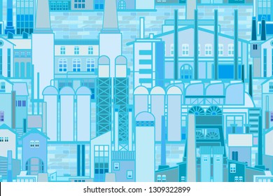 Vector seamless pattern with fictional factories. Abstract vector blue industrial background with factory silhouette and skyline illustrating industrial revolution.