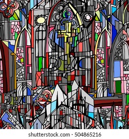 Vector seamless pattern with fictional gothic city. Daytime. Hand drawn. 