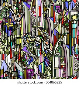 Vector seamless pattern with fictional gothic city. Daytime. Hand drawn. 