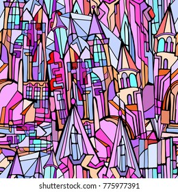 Vector seamless pattern with fictional Gothic city with towers and stained glass windows. Hand drawn.