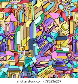 Vector seamless pattern with fictional Gothic city with towers and stained glass windows. Hand drawn.