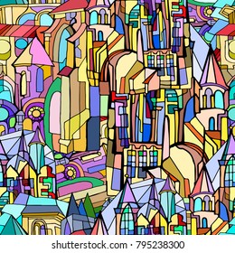 Vector seamless pattern with fictional Gothic city with towers and stained glass windows. Hand drawn.