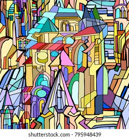 Vector seamless pattern with fictional Gothic city with towers and stained glass windows. Hand drawn.