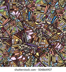 Vector seamless pattern with fictional magic city. Daytime. Hand drawn. 