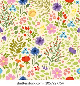 vector seamless pattern. field, forest, garden flowers. spring, summer background