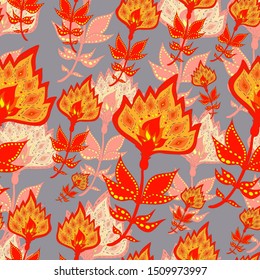 Vector seamless pattern with fiery fairy flowers.  Bright colorful illustration in a combination of red and gray. Perfectly for interior wrapping paper, fashion, textile, fabric, bed linen, cover.