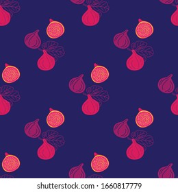 Vector seamless pattern of figs, design colorful abstract illustration. Whole pink fig fruits on blue  background for patterns, textile, packgage, wrapping, wallpapers and cards
