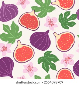 Vector seamless pattern with figs, flowers and leaves. Trendy nature floral background with hand drawn fruits. Modern abstract design for paper, cover, fabric.