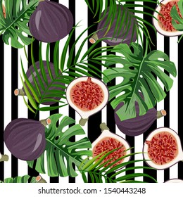 Vector seamless pattern with figs and palm and monstera leaves. Bright tropical background.