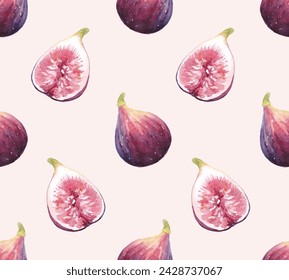 Vector seamless pattern with figs. Watercolor texture illustration with exotic fruits.