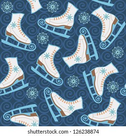 Vector seamless pattern with figure ice skates and snowflakes. Winter sport dark blue background with with concept of recreation and vacation. Simple abstract ornamental illustration for print, web