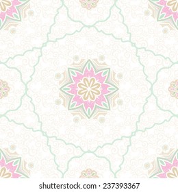 Vector seamless pattern, filigree background. Vintage element for design in Eastern style. Ornamental pastel tracery. Ornate floral decor for wallpaper. Endless texture. Delicate pattern fill.
