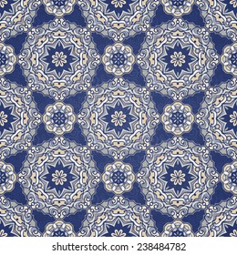 Vector seamless pattern, filigree background. Vintage element for design in Eastern style. Ornamental blue tracery. Ornate floral decor for wallpaper. Endless texture. Delicate pattern fill.