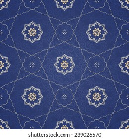 Vector seamless pattern, filigree background. Vintage element for design in Eastern style. Ornamental blue tracery. Ornate floral decor for wallpaper. Endless texture. Delicate pattern fill.