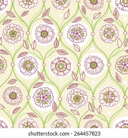 Vector seamless pattern, filigree floral background. Vintage element for design in Eastern style. Ornamental spring tracery. Ornate decor for wallpaper. Endless texture. Delicate pattern fill.