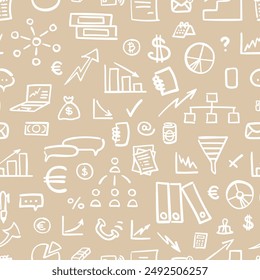 Vector un patrón sin fisuras con garabatos financieros y económicos. Diseño dibujado a mano para Fondo de pantalla, envoltura, papelería, textil.