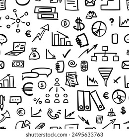 Vector seamless pattern with financial, economy doodles. Hand drawn design for wallpaper, wrapping, stationery, textile.