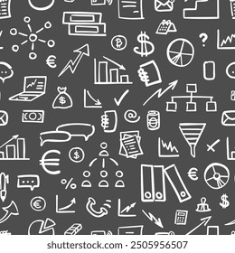 Patrón de Vector sin fisuras con garabatos financieros y económicos. Diseño dibujado a mano para Fondo de pantalla, envoltura, papelería, textil.