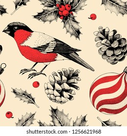 Vector seamless pattern with finches and holly