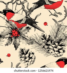 Vector seamless pattern with finches and holly