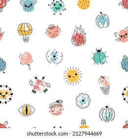 Vector  Seamless Pattern of Fingerprint Art Ideas for Children. Colorful Paint Drawing Childish background. Doodle Various items and animals.