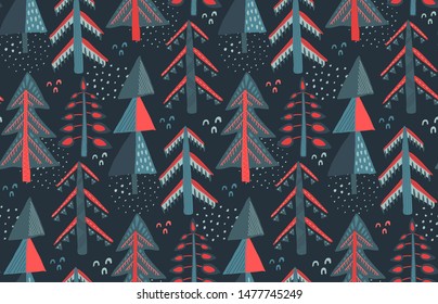 Vector seamless pattern with fir forest. Christmas background with spruce trees. Nature design. Season greeting digital paper.