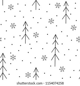 Vector seamless pattern with fir trees and snowflakes. Scandinavian seamless pattern.