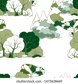 Vector seamless pattern with fir trees and deciduous trees. Natural background.