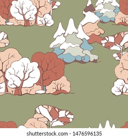 Vector seamless pattern with fir trees and deciduous trees. Natural background.