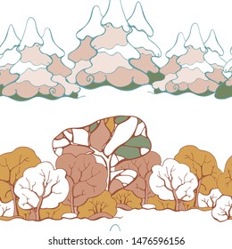 Vector seamless pattern with fir trees and deciduous trees. Natural background.