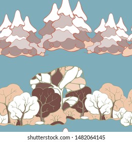 Vector seamless pattern with fir trees and deciduous trees. Natural background.