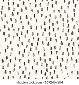 Vector seamless pattern with fir trees in monochrome. Background with small simple pine trees in doodle handdrawn style. Good for textile, digital paper, wrapping paper, fabric, decor, prints.