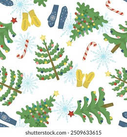 Vector seamless pattern with fir trees, snowflakes and mittens. New Year and Christmas illustration for wrapping, wallpaper and packaging. Festive tree and warm knitted things.