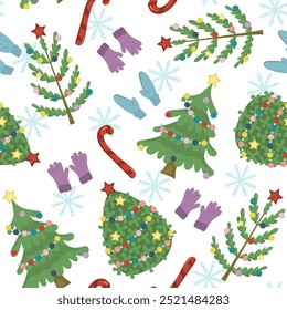 Vector seamless pattern with fir trees, snowflakes and mittens with candies. New Year and Christmas illustration for wrapping, wallpaper and packaging. Festive tree, warm knitted things and sweets.