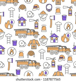 Vector seamless pattern with fire engine, firefighter tools and equipment extinguisher, axe, hose, etc. Thin line art flat style design firefighter background, wallpaper.