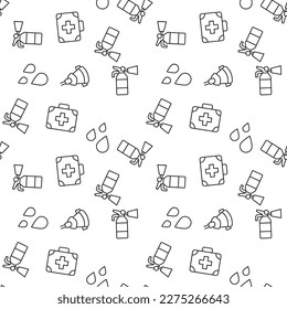 Vector seamless pattern of fire extinguisher, protective mask, medical suitcase, water on white background. It can be used for printing on various surfaces 
