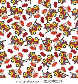 Vector of seamless pattern fire fighter car with animal fire fighter cartoon, Creative vector childish background for fabric, textile, nursery wallpaper, card, poster and other decoration.